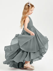 Chiffon Junior Bridesmaid Dresses Asymmetrical Cascading Skirt Steel Grey