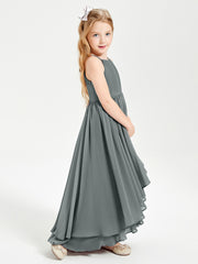 Chiffon Junior Bridesmaid Dresses Asymmetrical Cascading Skirt Steel Grey