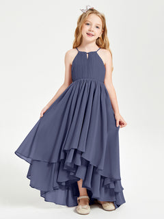 Chiffon Junior Bridesmaid Dresses Asymmetrical Cascading Skirt Stormy