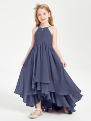 Chiffon Junior Bridesmaid Dresses Asymmetrical Cascading Skirt Stormy