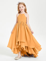 Chiffon Junior Bridesmaid Dresses Asymmetrical Cascading Skirt Tangerine