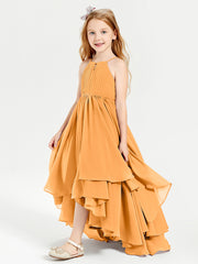 Chiffon Junior Bridesmaid Dresses Asymmetrical Cascading Skirt Tangerine