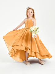 Chiffon Junior Bridesmaid Dresses Asymmetrical Cascading Skirt Tangerine
