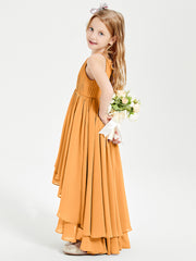 Chiffon Junior Bridesmaid Dresses Asymmetrical Cascading Skirt Tangerine