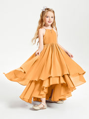 Chiffon Junior Bridesmaid Dresses Asymmetrical Cascading Skirt Tangerine