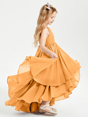 Chiffon Junior Bridesmaid Dresses Asymmetrical Cascading Skirt Tangerine