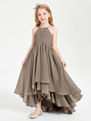 Chiffon Junior Bridesmaid Dresses Asymmetrical Cascading Skirt Taupe
