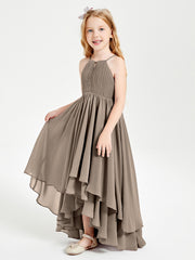Chiffon Junior Bridesmaid Dresses Asymmetrical Cascading Skirt Taupe