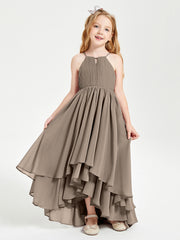 BABARONI Chiffon Taupe Junior Bridesmaid Dresses A-line Halter Spaghetti Straps Bow Asymmetrical, Taupe / J4