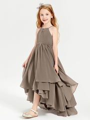 Chiffon Junior Bridesmaid Dresses Asymmetrical Cascading Skirt Taupe