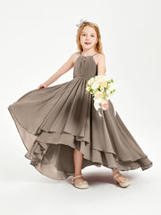 Chiffon Junior Bridesmaid Dresses Asymmetrical Cascading Skirt Taupe