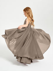 Chiffon Junior Bridesmaid Dresses Asymmetrical Cascading Skirt Taupe
