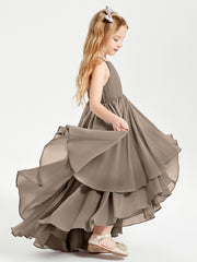Chiffon Junior Bridesmaid Dresses Asymmetrical Cascading Skirt Taupe