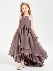 Chiffon Junior Bridesmaid Dresses Asymmetrical Cascading Skirt Vintage Mauve