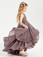 Chiffon Junior Bridesmaid Dresses Asymmetrical Cascading Skirt Vintage Mauve