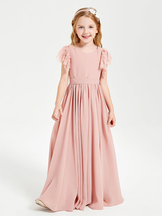 Chiffon Junior Bridesmaid Dresses Lace Flutter Sleeves Scoop Neck Dusty Rose