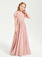 Chiffon Junior Bridesmaid Dresses Lace Flutter Sleeves Scoop Neck Dusty Rose