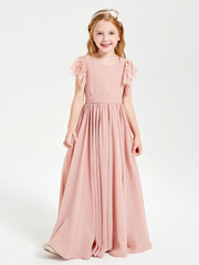 Chiffon Junior Bridesmaid Dresses Lace Flutter Sleeves Scoop Neck Dusty Rose