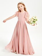 Chiffon Junior Bridesmaid Dresses Lace Flutter Sleeves Scoop Neck Dusty Rose