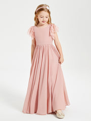Chiffon Junior Bridesmaid Dresses Lace Flutter Sleeves Scoop Neck Dusty Rose