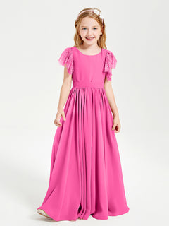 Chiffon Junior Bridesmaid Dresses Lace Flutter Sleeves Scoop Neck Azalea