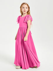 Chiffon Junior Bridesmaid Dresses Lace Flutter Sleeves Scoop Neck Azalea