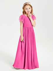Chiffon Junior Bridesmaid Dresses Lace Flutter Sleeves Scoop Neck Azalea