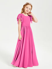 Chiffon Junior Bridesmaid Dresses Lace Flutter Sleeves Scoop Neck Azalea