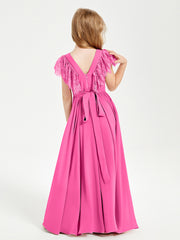 Chiffon Junior Bridesmaid Dresses Lace Flutter Sleeves Scoop Neck Azalea