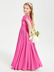 Chiffon Junior Bridesmaid Dresses Lace Flutter Sleeves Scoop Neck Azalea