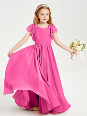 Chiffon Junior Bridesmaid Dresses Lace Flutter Sleeves Scoop Neck Azalea