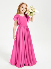 Chiffon Junior Bridesmaid Dresses Lace Flutter Sleeves Scoop Neck Azalea