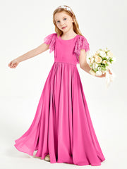 Chiffon Junior Bridesmaid Dresses Lace Flutter Sleeves Scoop Neck Azalea