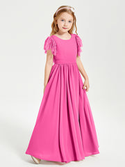 Chiffon Junior Bridesmaid Dresses Lace Flutter Sleeves Scoop Neck Azalea