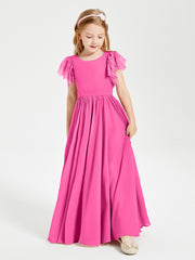 Chiffon Junior Bridesmaid Dresses Lace Flutter Sleeves Scoop Neck Azalea