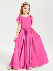 Chiffon Junior Bridesmaid Dresses Lace Flutter Sleeves Scoop Neck Azalea