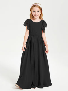 Chiffon Junior Bridesmaid Dresses Lace Flutter Sleeves Scoop Neck Black