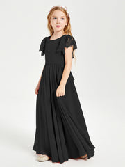 Chiffon Junior Bridesmaid Dresses Lace Flutter Sleeves Scoop Neck Black