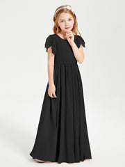 Chiffon Junior Bridesmaid Dresses Lace Flutter Sleeves Scoop Neck Black
