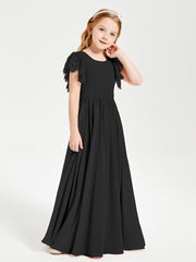 Chiffon Junior Bridesmaid Dresses Lace Flutter Sleeves Scoop Neck Black