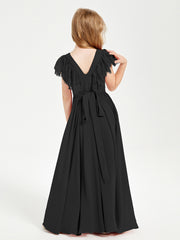 Chiffon Junior Bridesmaid Dresses Lace Flutter Sleeves Scoop Neck Black