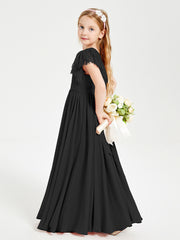 Chiffon Junior Bridesmaid Dresses Lace Flutter Sleeves Scoop Neck Black