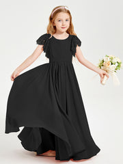 Chiffon Junior Bridesmaid Dresses Lace Flutter Sleeves Scoop Neck Black