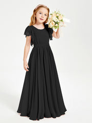 Chiffon Junior Bridesmaid Dresses Lace Flutter Sleeves Scoop Neck Black