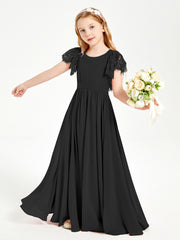 Chiffon Junior Bridesmaid Dresses Lace Flutter Sleeves Scoop Neck Black