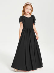 Chiffon Junior Bridesmaid Dresses Lace Flutter Sleeves Scoop Neck Black