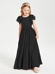 Chiffon Junior Bridesmaid Dresses Lace Flutter Sleeves Scoop Neck Black