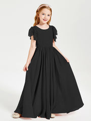 Chiffon Junior Bridesmaid Dresses Lace Flutter Sleeves Scoop Neck Black