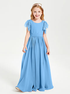 Chiffon Junior Bridesmaid Dresses Lace Flutter Sleeves Scoop Neck Blue