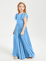 Chiffon Junior Bridesmaid Dresses Lace Flutter Sleeves Scoop Neck Blue